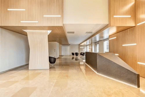 Refurbished wood used to create a unique architectural design for the walls and ceilings of a building