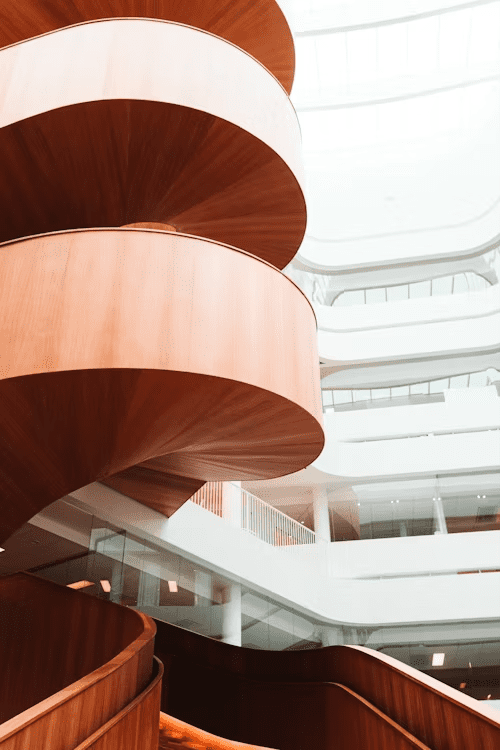 Spiral staircase created using innovative architectural millwork techniques.